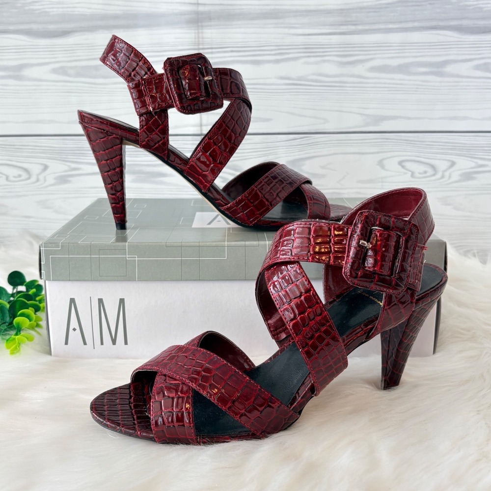 Ann Marino Burgundy Croc Print Strappy Buckle Heel Sandals